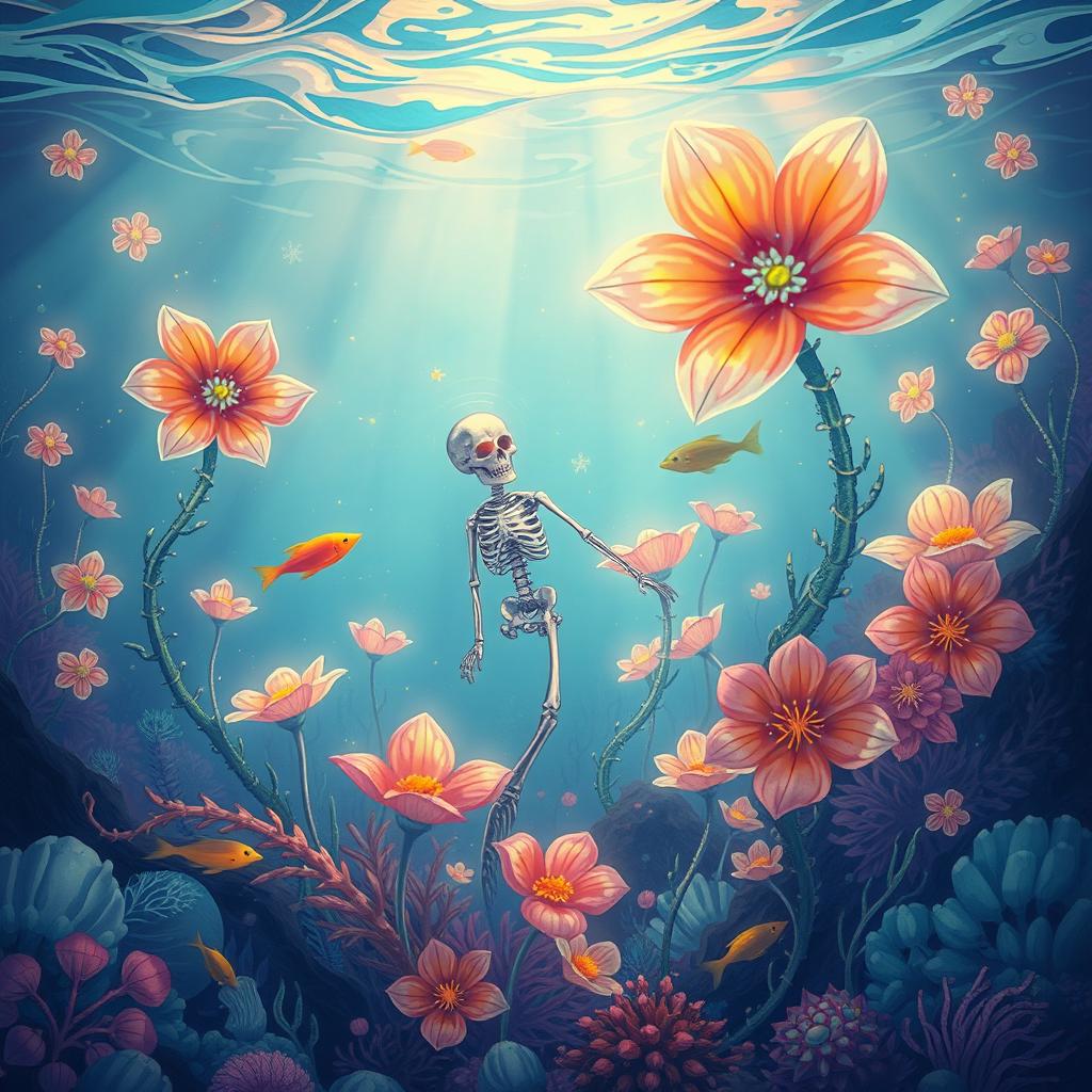 A unique and whimsical illustration featuring a vibrant underwater scene with colorful skeleton flowers blooming around a mystical sea