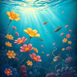 A unique and whimsical illustration featuring a vibrant underwater scene with colorful skeleton flowers blooming around a mystical sea