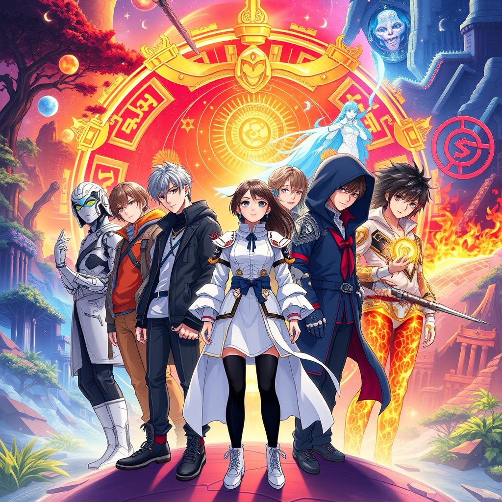 A vibrant and dynamic cover picture illustrating a fanfiction crossover between BTS, Seventeen, and TXT characters in a fantastical setting