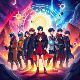 A vibrant and dynamic cover picture illustrating a fanfiction crossover between BTS, Seventeen, and TXT characters in a fantastical setting
