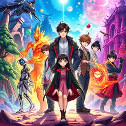 A vibrant and dynamic cover picture illustrating a fanfiction crossover between BTS, Seventeen, and TXT characters in a fantastical setting