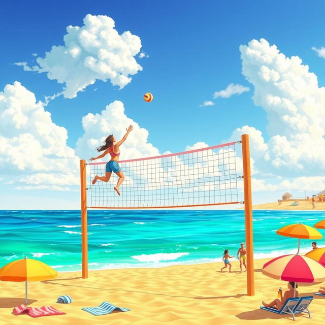 An animated landscape background depicting a vibrant beach volleyball scene, featuring a sunny sky with fluffy clouds, a golden sand beach with turquoise waves gently lapping at the shore