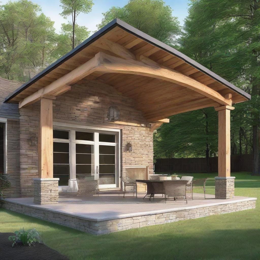 A 12x12 patio with structural columns and a 3 feet extended roof, highlighting an exposed beam, on the front facade of a house.