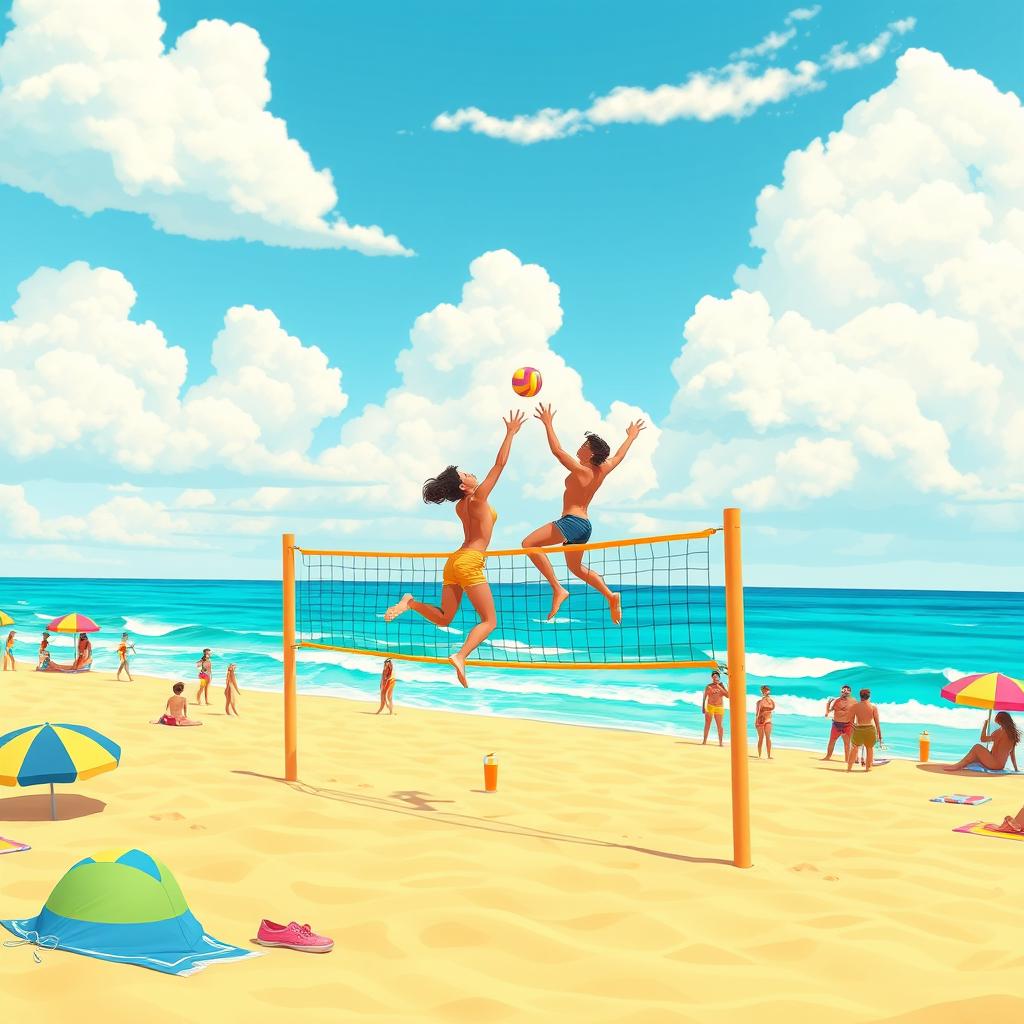 An animated landscape background depicting a vibrant beach volleyball scene, featuring a sunny sky with fluffy clouds, a golden sand beach with turquoise waves gently lapping at the shore