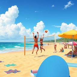 An animated landscape background depicting a vibrant beach volleyball scene, featuring a sunny sky with fluffy clouds, a golden sand beach with turquoise waves gently lapping at the shore