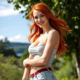 A beautiful red-haired girl with an athletic build, showcasing her fit physique