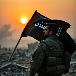 A soldier in military gear standing in a warzone, holding a black 'la ilaha illaallah' flag on his shoulder, gazing thoughtfully at the sun setting in the background