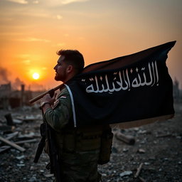 A soldier in military gear standing in a warzone, holding a black 'la ilaha illaallah' flag on his shoulder, gazing thoughtfully at the sun setting in the background