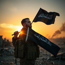 A soldier in military gear standing in a warzone, holding a black 'la ilaha illaallah' flag on his shoulder, gazing thoughtfully at the sun setting in the background