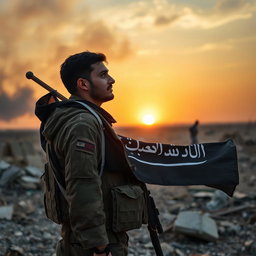 A soldier in military gear standing in a warzone, holding a black 'la ilaha illaallah' flag on his shoulder, gazing thoughtfully at the sun setting in the background