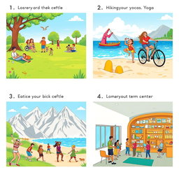 A sequence of four storyboard panels promoting various recreational activities