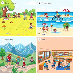 A sequence of four storyboard panels promoting various recreational activities