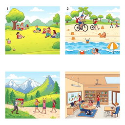 A sequence of four storyboard panels promoting various recreational activities