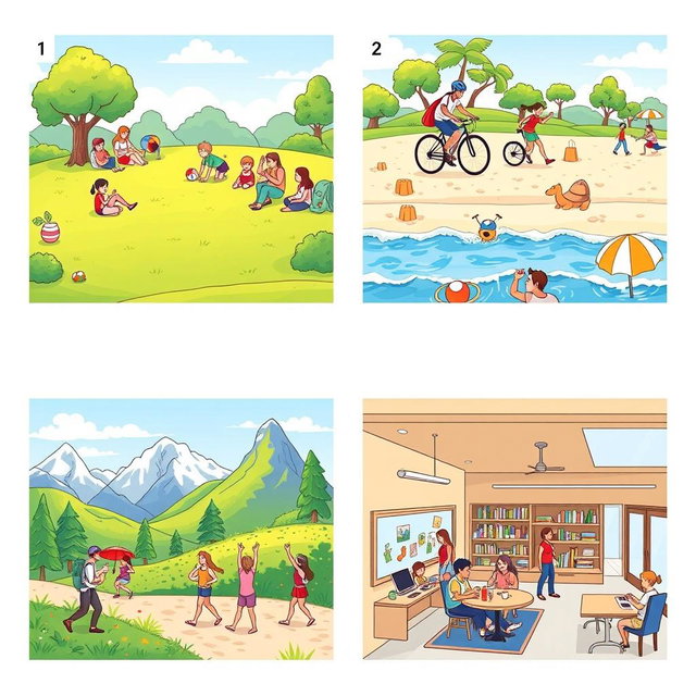 A sequence of four storyboard panels promoting various recreational activities