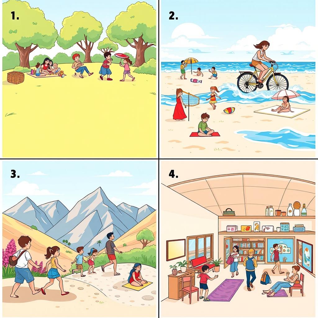 A sequence of four storyboard panels promoting various recreational activities