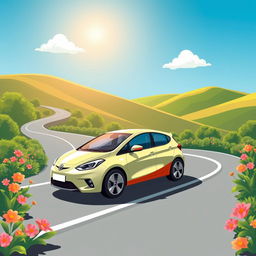 A stylized, sleek car design of a compact hatchback, resembling a modern, sporty vehicle