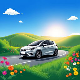 A stylized, sleek car design of a compact hatchback, resembling a modern, sporty vehicle
