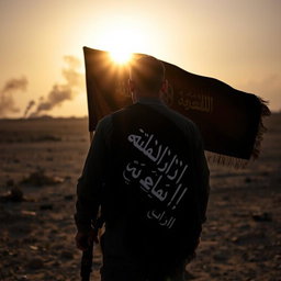 A soldier standing in a warzone, facing the sun with a determined expression