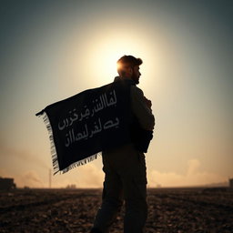 A soldier standing in a warzone, facing the sun with a determined expression