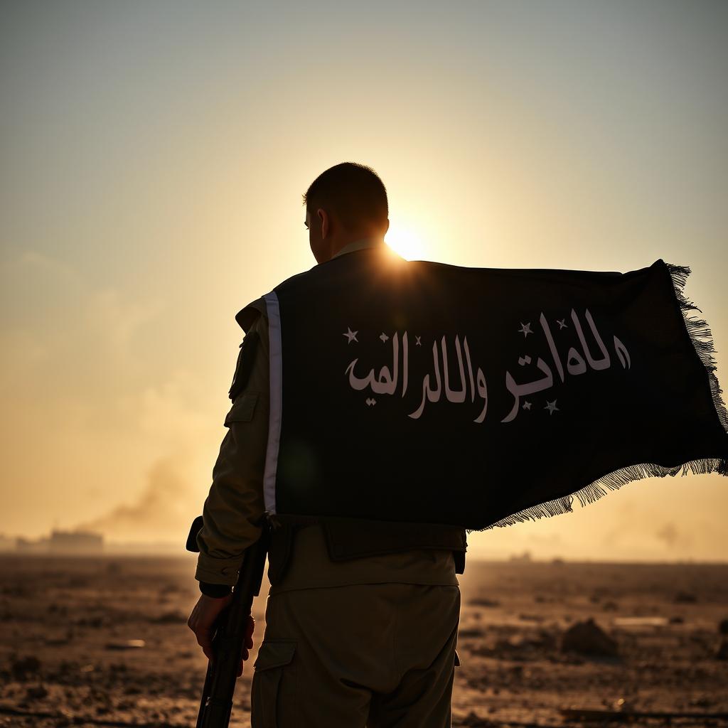 A soldier standing in a warzone, facing the sun with a determined expression