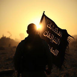 A soldier standing in a warzone, facing the sun with a determined expression