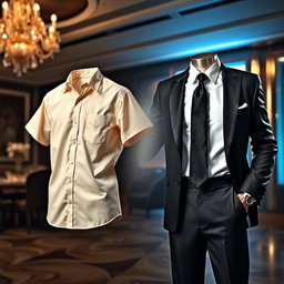 A transformation scene depicting a casual shirt being magically transformed into elegant formal attire