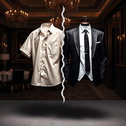 A transformation scene depicting a casual shirt being magically transformed into elegant formal attire