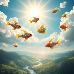 A whimsical scene depicting colorful fish soaring through a bright blue sky, gracefully gliding among fluffy white clouds