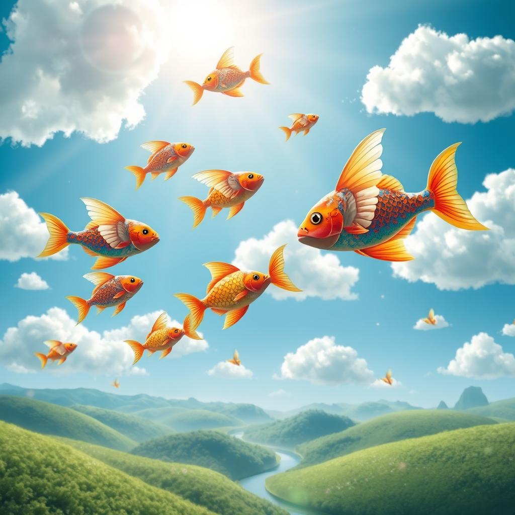 A whimsical scene depicting colorful fish soaring through a bright blue sky, gracefully gliding among fluffy white clouds