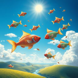 A whimsical scene depicting colorful fish soaring through a bright blue sky, gracefully gliding among fluffy white clouds