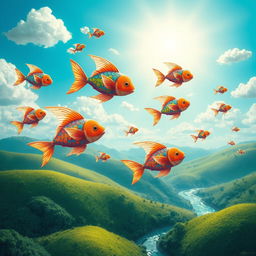 A whimsical scene depicting colorful fish soaring through a bright blue sky, gracefully gliding among fluffy white clouds