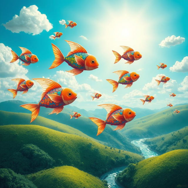 A whimsical scene depicting colorful fish soaring through a bright blue sky, gracefully gliding among fluffy white clouds