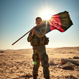 A soldier standing tall in a warzone, facing the sun with a determined expression