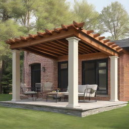 A 12x12 patio with structural columns and a 3 feet extended roof, highlighting an exposed beam, on the front facade of a house.