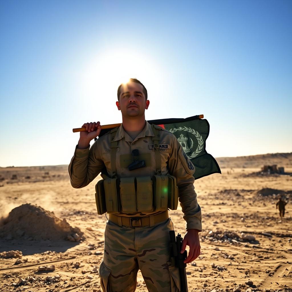 A soldier standing tall in a warzone, facing the sun with a determined expression