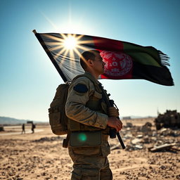 A soldier standing tall in a warzone, facing the sun with a determined expression