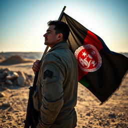 A soldier standing tall in a warzone, facing the sun with a determined expression
