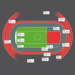 A high-resolution detailed illustration of a standard athletics track layout, designed to clearly showcase distinct zones for various athletic events