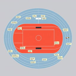 A high-resolution detailed illustration of a standard athletics track layout, designed to clearly showcase distinct zones for various athletic events
