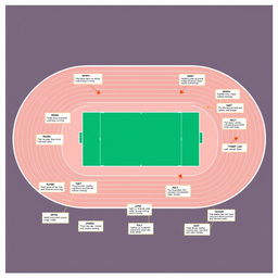 A high-resolution detailed illustration of a standard athletics track layout, designed to clearly showcase distinct zones for various athletic events