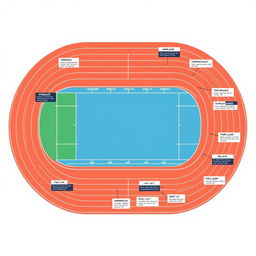 A high-resolution detailed illustration of a standard athletics track layout, designed to clearly showcase distinct zones for various athletic events