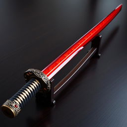 An elegant katana sword featuring a stunning gleaming red blade that resembles solidified fire embers, shimmering with intricate details
