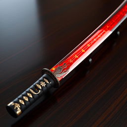 An elegant katana sword featuring a stunning gleaming red blade that resembles solidified fire embers, shimmering with intricate details