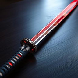An elegant katana sword featuring a stunning gleaming red blade that resembles solidified fire embers, shimmering with intricate details