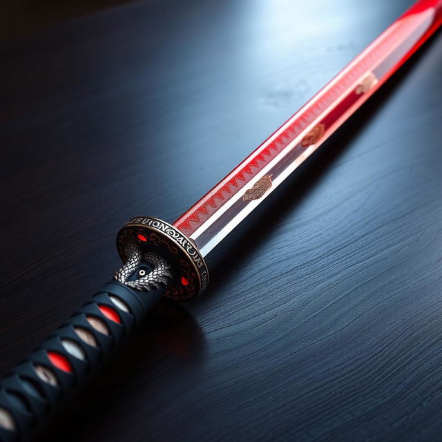 An elegant katana sword featuring a stunning gleaming red blade that resembles solidified fire embers, shimmering with intricate details