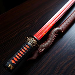 An elegant katana sword featuring a stunning gleaming red blade that resembles solidified fire embers, shimmering with intricate details