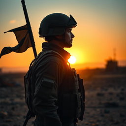 A dramatic profile picture of a soldier standing in a warzone, facing towards the sun which is setting on the horizon