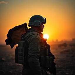 A dramatic profile picture of a soldier standing in a warzone, facing towards the sun which is setting on the horizon