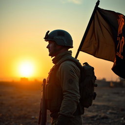 A dramatic profile picture of a soldier standing in a warzone, facing towards the sun which is setting on the horizon