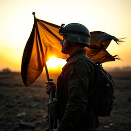 A dramatic profile picture of a soldier standing in a warzone, facing towards the sun which is setting on the horizon